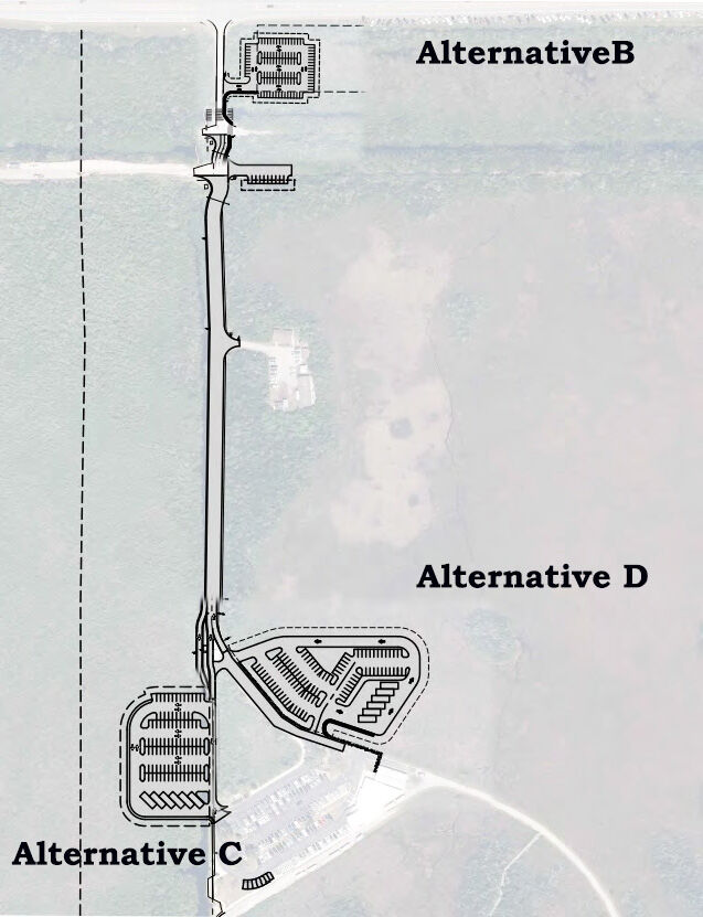 Park Services image shows the location of overflow parking in the various alternative concepts. Relative sizes of the areas may not be accurate.